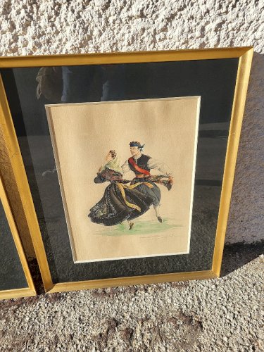 PAIRE DE CADRES TABLEAUX AQUARELLE DANSE FOLKLORIQUE SIGNEE
