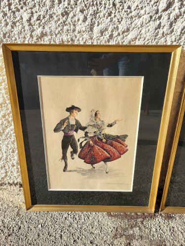 PAIRE DE CADRES TABLEAUX AQUARELLE DANSE FOLKLORIQUE SIGNEE