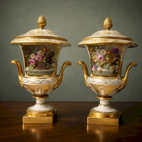 Paire de cassolettes Médicis en porcelaine de Paris vers 1830 – 4 saisons