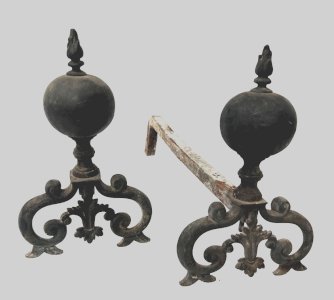 Pair of Renaissance style fire dogs in bronze, 19th century.