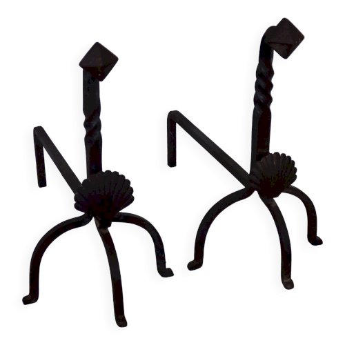 Paire de chenets vintage métal et fonte motif coquillage