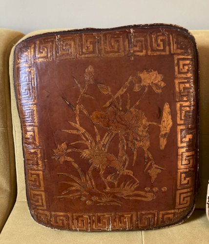 Paire de coussins en cuir laqué à décor de héron et de feuillage - Vietnam début XXe 