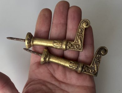 Pair of brass curtain tieback hooks, screw-in, length 7.4 cm C1