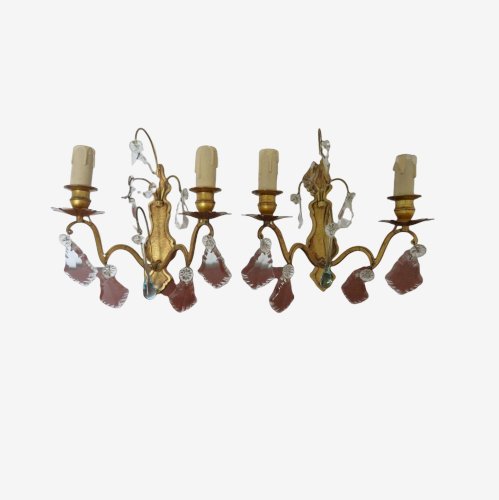 PAIRE DE DOUBLES APPLIQUES EN BRONZE ET PAMPILLES GOUTTES BLEUES ANNEES 30 40