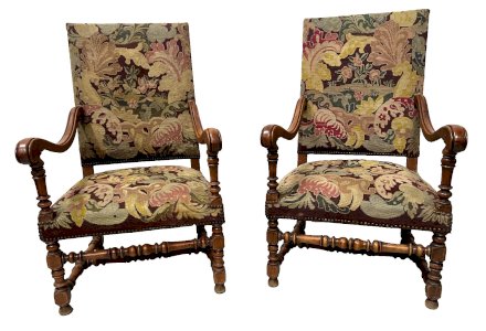 Pair of Louis XIII style armchairs with high flat backs, 20th century.