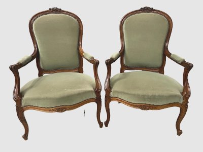 Pair of Louis XV style armchairs in solid walnut, 20th century