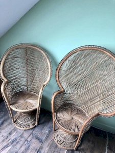 Paire de fauteuils Emmanuelle vintage, meubles sièges anciens peacock