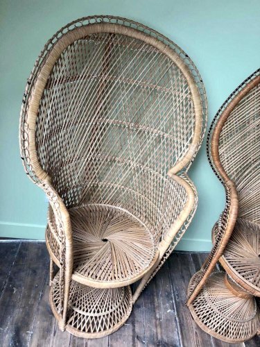 Paire de fauteuils Emmanuelle vintage, meubles sièges anciens peacock