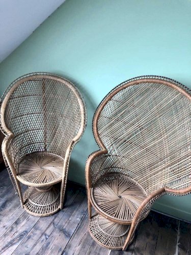 Paire de fauteuils Emmanuelle vintage, meubles sièges anciens peacock