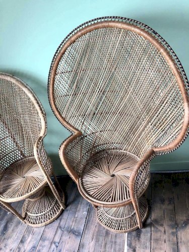 Paire de fauteuils Emmanuelle vintage, meubles sièges anciens peacock
