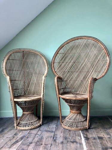 Paire de fauteuils Emmanuelle vintage, meubles sièges anciens peacock