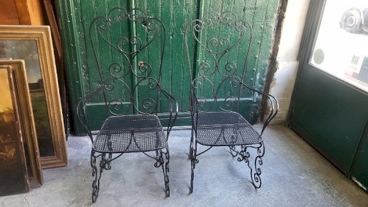 PAIR OF BLACK WROUGHT IRON ARMCHAIRS