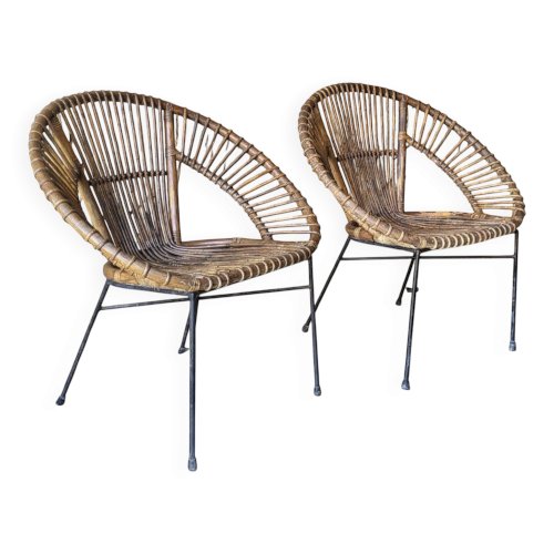 Paire de fauteuils en rotin, années 60