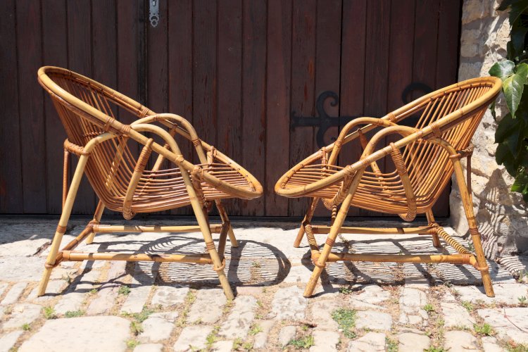 Paire de fauteuils en rotin par Audoux Minet 1950
