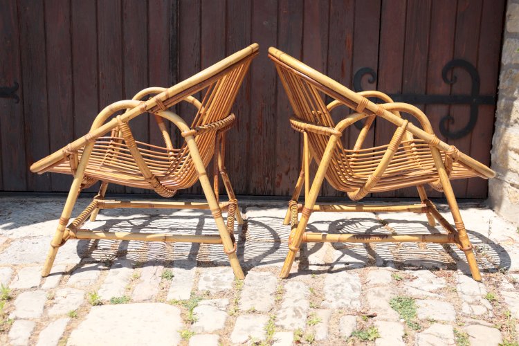 Paire de fauteuils en rotin par Audoux Minet 1950