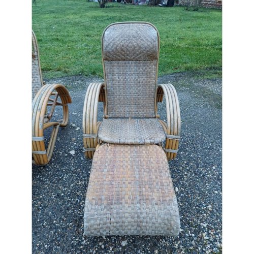 Paire de Fauteuils Transat en Rotin Colonial