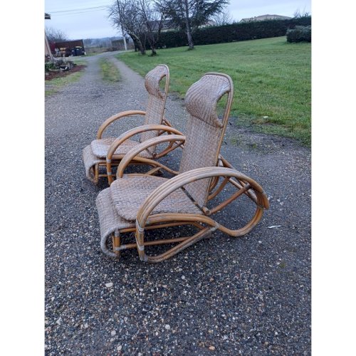 Paire de Fauteuils Transat en Rotin Colonial