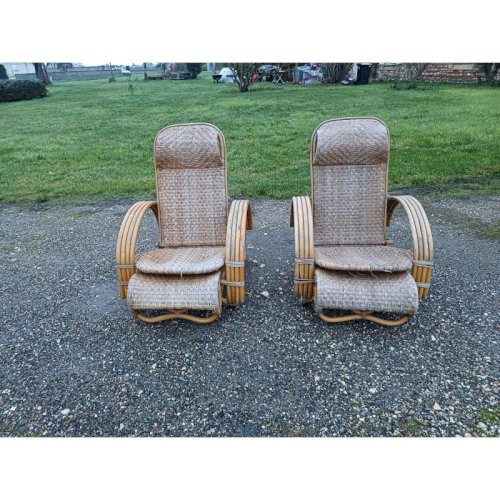 Paire de Fauteuils Transat en Rotin Colonial