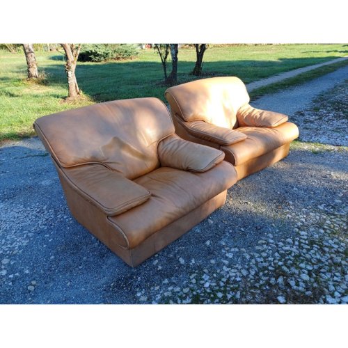 Paire de Fauteuils Vintage en Skai Marron Clair