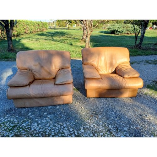 Paire de Fauteuils Vintage en Skai Marron Clair