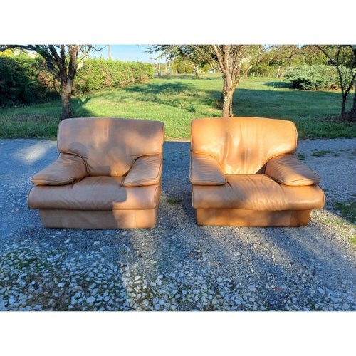 Paire de Fauteuils Vintage en Skai Marron Clair