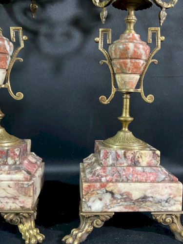 Paire de grands candélabres chandeliers en bronze et marbre XIXe Napoléon III