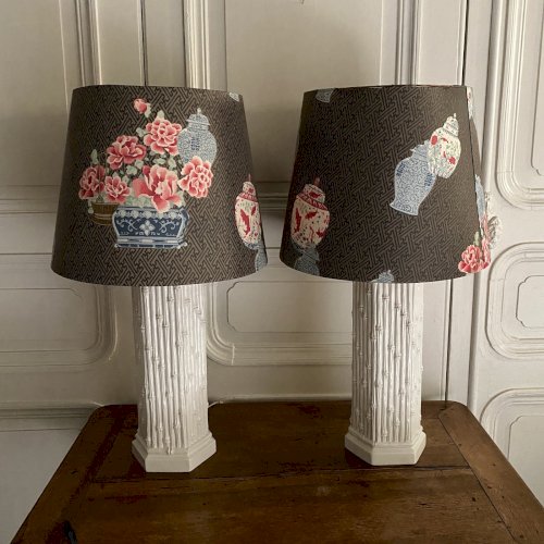 Paire de lampes Hollywood Regency en céramique imitation bambou XXe M3765