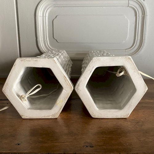 Paire de lampes Hollywood Regency en céramique imitation bambou XXe M3765