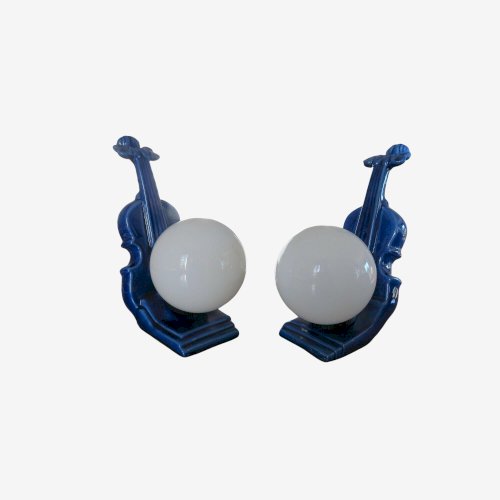 PAIRE DE LAMPES  VIOLONCELLE  EN CERAMIQUE BLEUE ET OPALINE ANNEES 70 80 