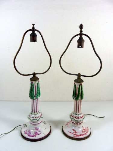 Paire de pieds de lampe porcelaine Sceaux XVIII° Louis XVI monture bronze signés