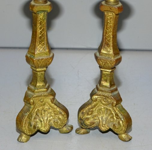 -PAIRE de PIQUES CIERGES MINIATURES EN BRONZE de POUPEE ou Curé RELIGION   D