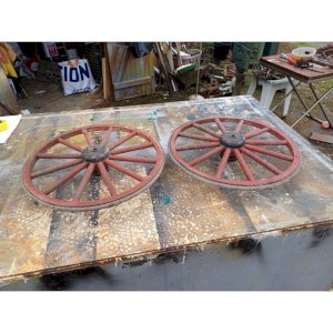 Pair of Old Wooden and Rubber Wheels