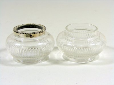 Pair of Molded Crystal Salts with Silver Mount and Beaded Decoration Hallmarks H - 3.5 cm