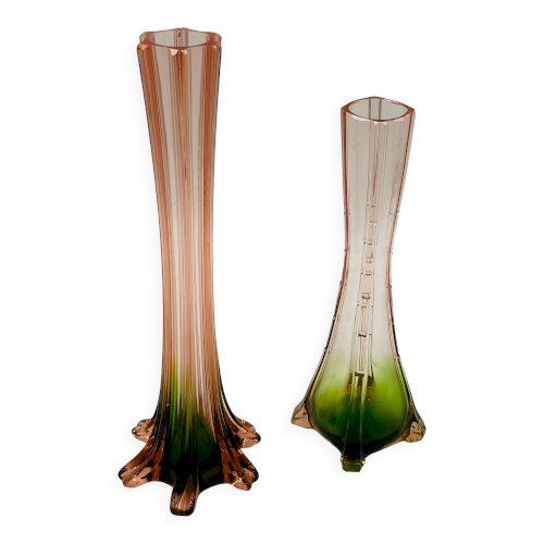 Paire de soliflores vintage en verre rose et vert