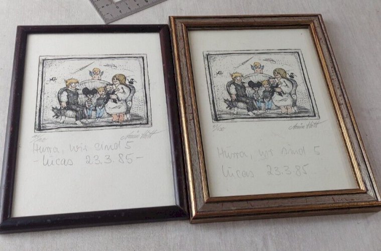 Paire de tableaux, gravures, Wir sind Lucas, 23.03.85, Armin Hott