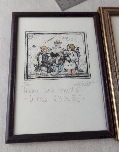 Paire de tableaux, gravures, Wir sind Lucas, 23.03.85, Armin Hott