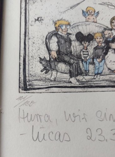 Paire de tableaux, gravures, Wir sind Lucas, 23.03.85, Armin Hott