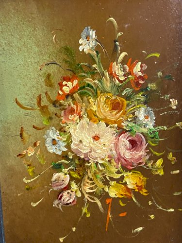 Paire de tableaux huile sur cuivre Nature morte aux bouquets de fleurs