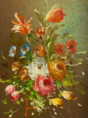 Paire de tableaux huile sur cuivre Nature morte aux bouquets de fleurs