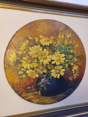 PAIRE DE TABLEAUX HUILE SUR PANNEAU MEDAILLONS SIGNE M.SOMBSTHAY DU XIX ème