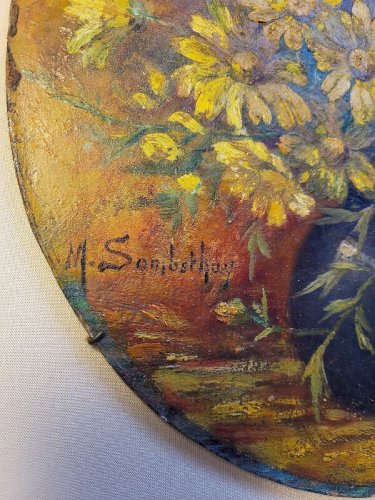 PAIRE DE TABLEAUX HUILE SUR PANNEAU MEDAILLONS SIGNE M.SOMBSTHAY DU XIX ème
