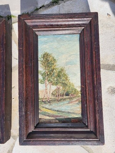 PAIRE DE TABLEAUX HUILE SUR TOILE PAYSAGE RIVIERE SIGNE A. VALLE