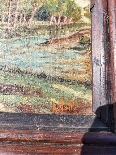 PAIRE DE TABLEAUX HUILE SUR TOILE PAYSAGE RIVIERE SIGNE A. VALLE