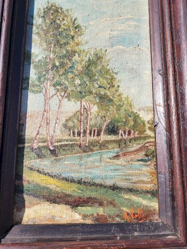 PAIRE DE TABLEAUX HUILE SUR TOILE PAYSAGE RIVIERE SIGNE A. VALLE