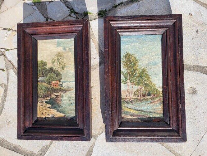 PAIRE DE TABLEAUX HUILE SUR TOILE PAYSAGE RIVIERE SIGNE A. VALLE