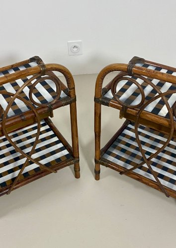 Paire de tables de chevet en rotin et damier noir et blanc, années 70