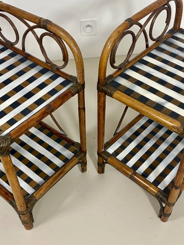 Paire de tables de chevet en rotin et damier noir et blanc, années 70