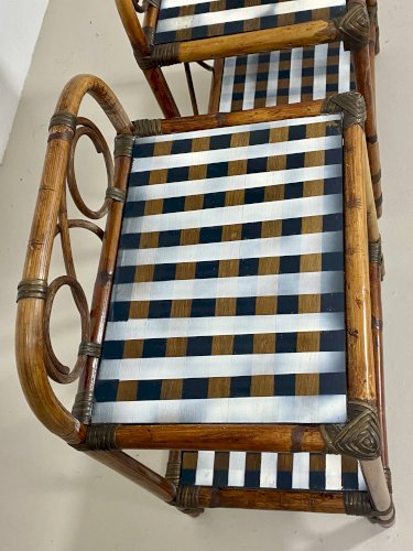 Paire de tables de chevet en rotin et damier noir et blanc, années 70