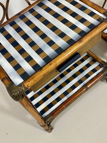 Paire de tables de chevet en rotin et damier noir et blanc, années 70