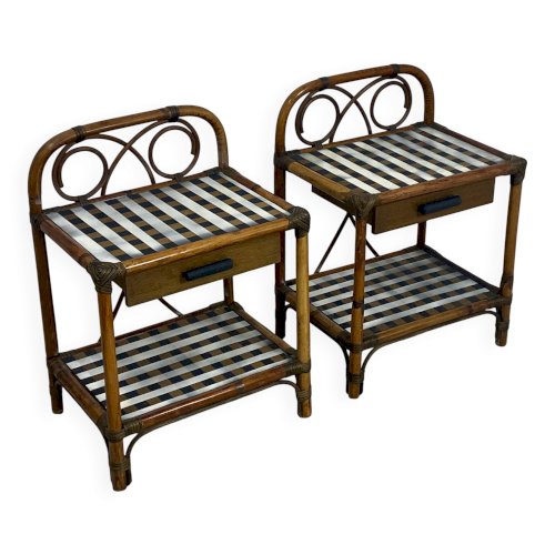 Paire de tables de chevet en rotin et damier noir et blanc, années 70